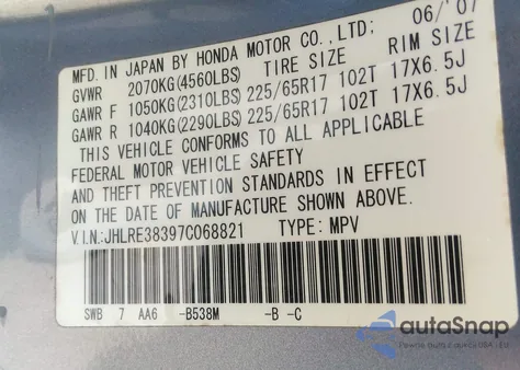 2007 Honda Cr-V Lx z USA, uszkodzony, nr VIN JHLRE38397C068821